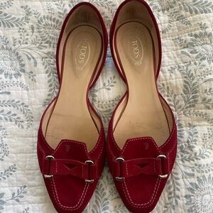 TOD'S Red Suede D'Orsay Loafers with Metal Bit